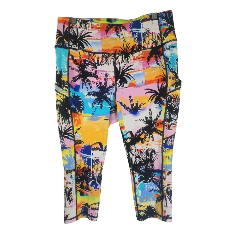 Torrid Active Womens 2 Capri Leggings Tropical Palm Print Pockets Y2K Resortcore